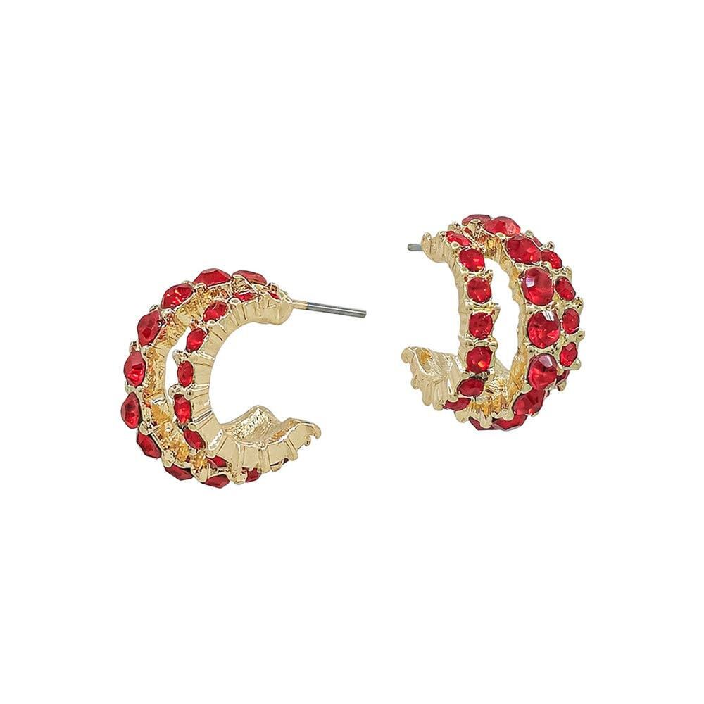 Red Rhinestone Three-Row Hoop Earrings | 0.75" Dangle Hoops
